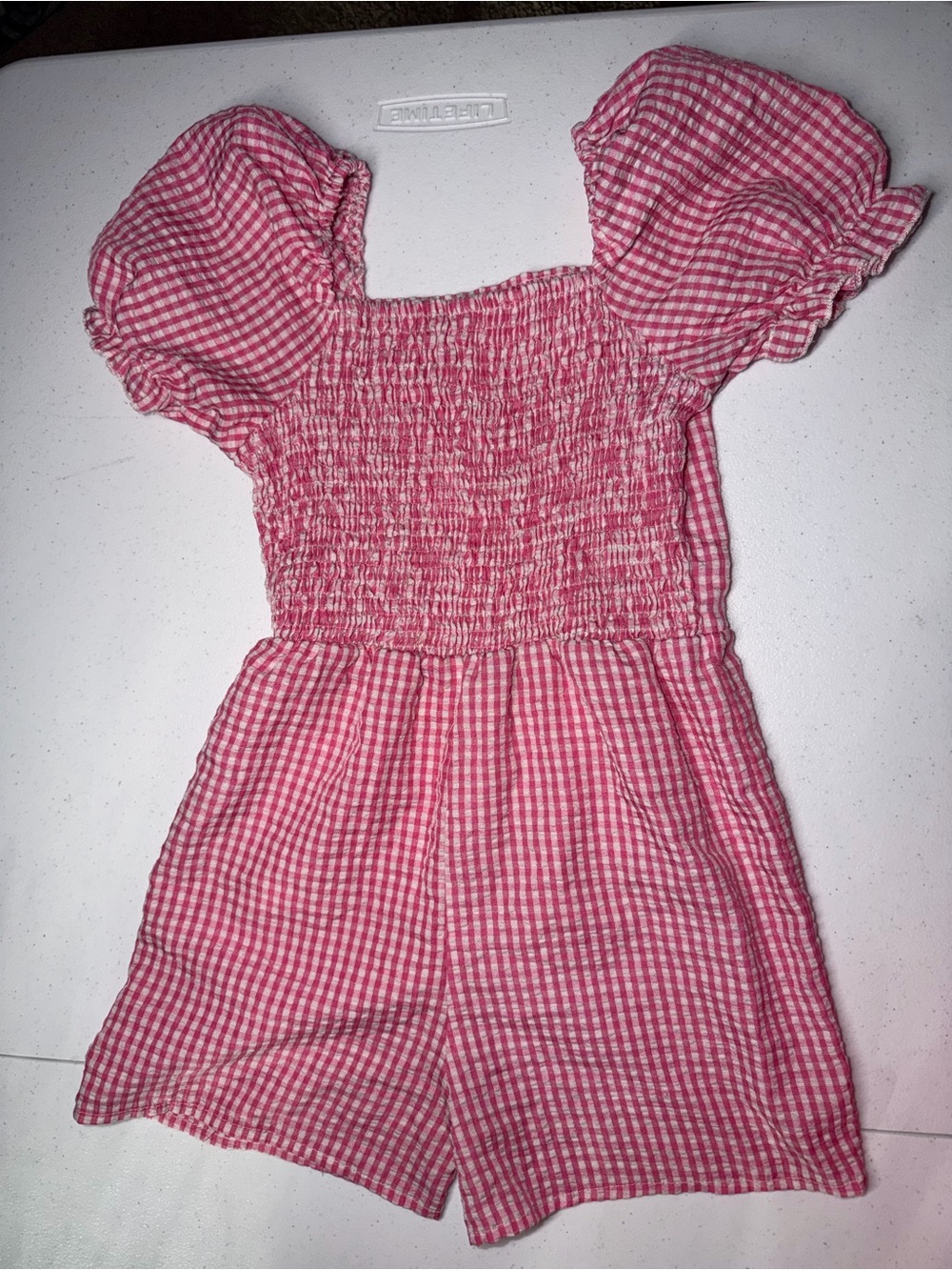 SHEIN Pink Gingham Smocked Puff-Sleeve Romper